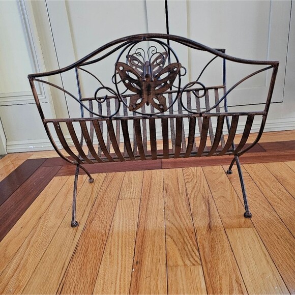Decorative Folding Metal Magazine Rack with Butterfly Design. Brownish/Black - Picture 3 of 5